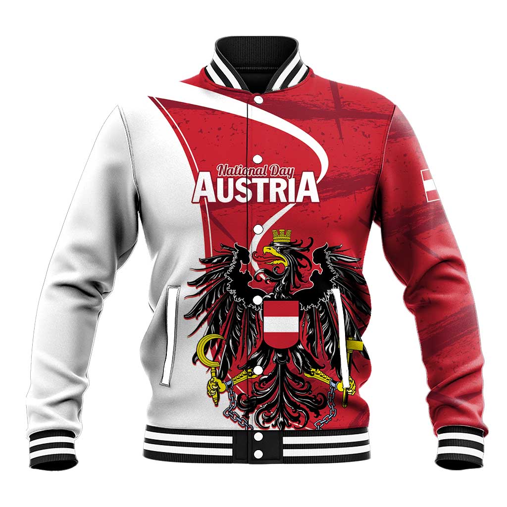 Red baseball jacket with white sleeves, striped collar, snap buttons, eagle graphic front