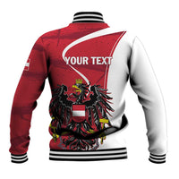 Red and white baseball jacket back with striped cuffs and eagle graphic, custom text area