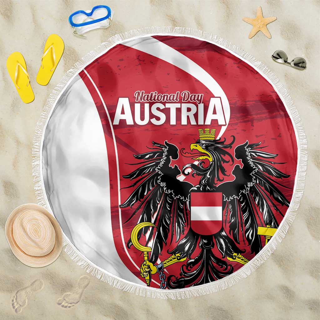 Red, white Austria eagle round beach blanket with fringed edge, 150cm