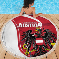 Red and white Austria eagle round beach blanket with fringed border