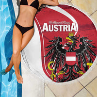 Red and white round Austria eagle beach blanket with fringed edge