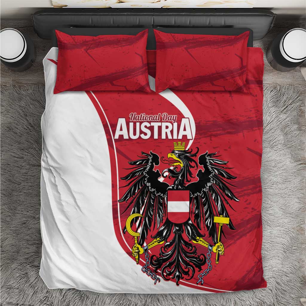 Red and white Austria National Day bedding set with crest emblem and matching pillowcases