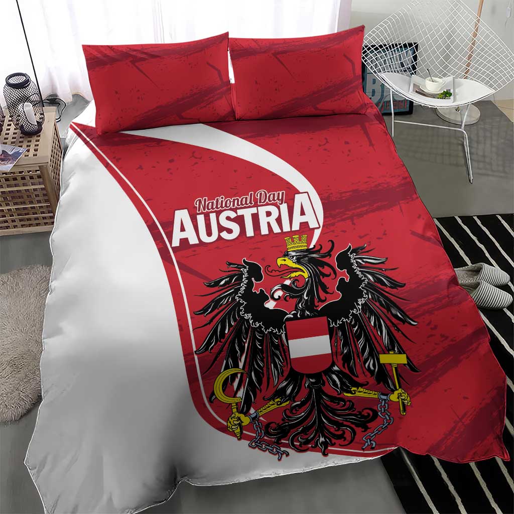 Red and white bed comforter set with Austria crest graphic and two matching pillow shams