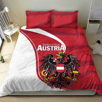 Red and white National Day Austria bedding set with shield and wings crest on duvet and pillows