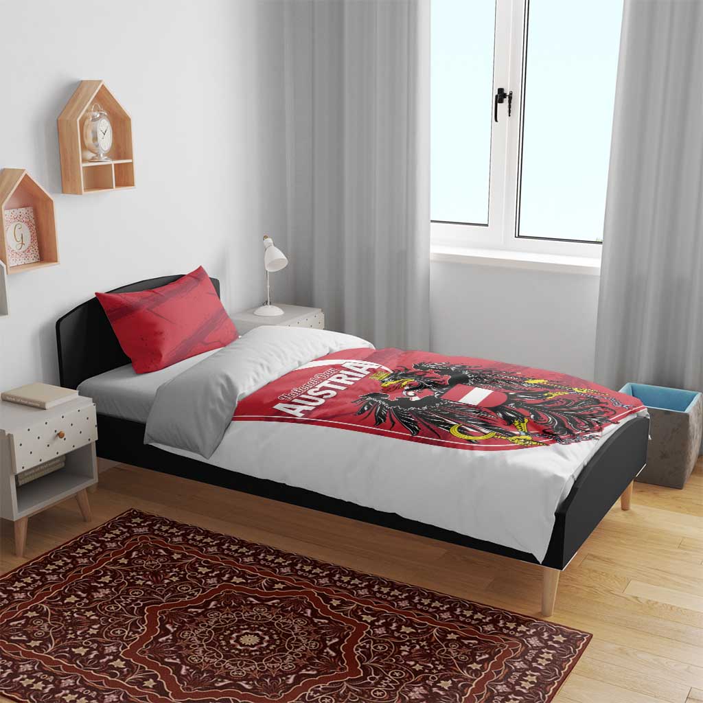 Bed dressed in red and white Austria National Day bedding set with crest artwork