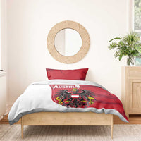 Red and white duvet and pillow bedding set with National Day Austria crest centered