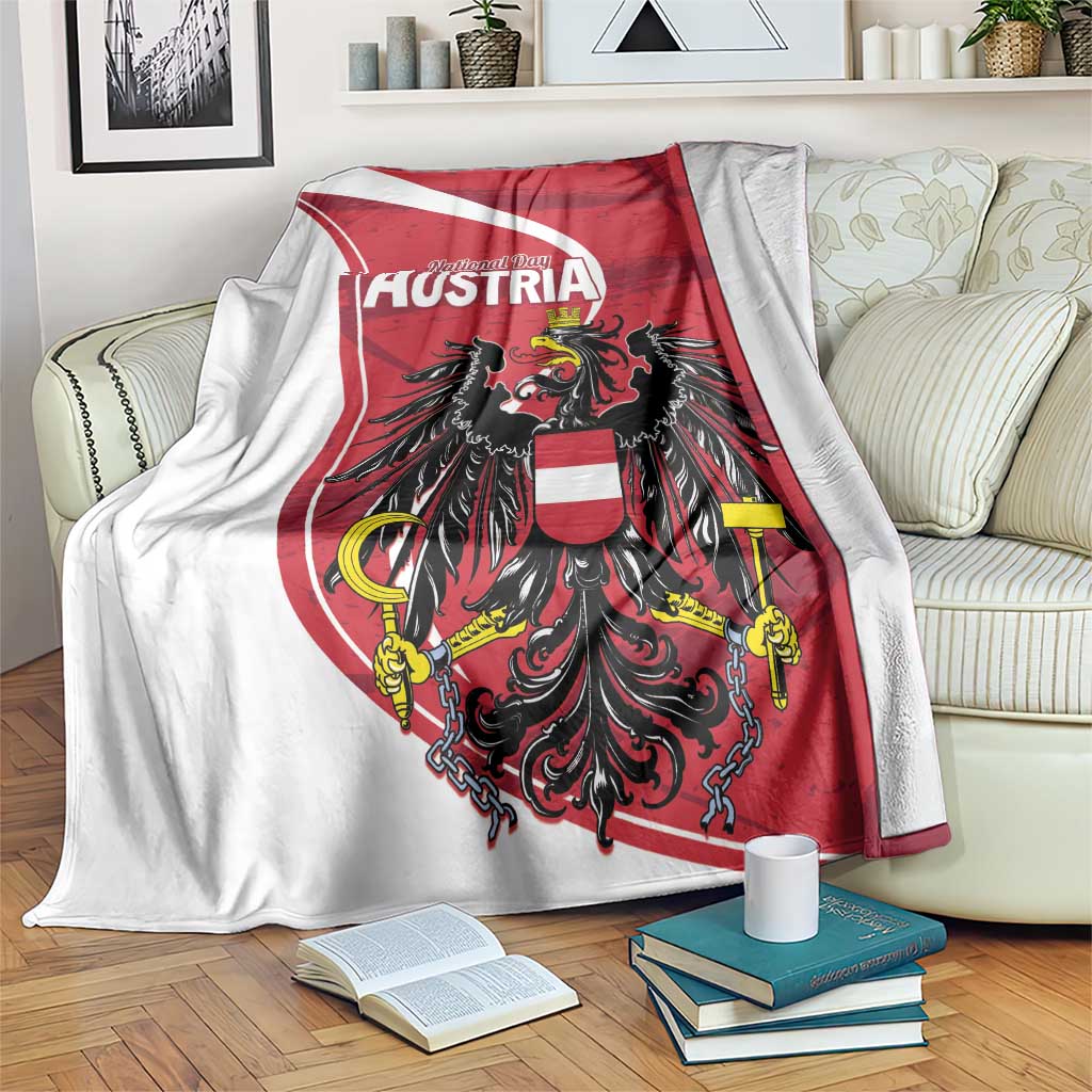 Austria National Day blanket with red shield and black eagle graphic, white reverse