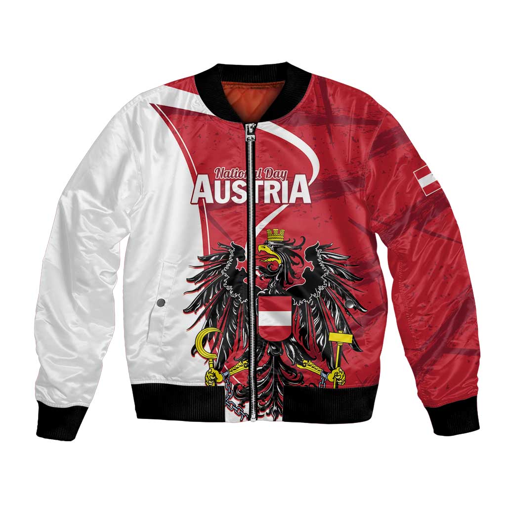 Red and white bomber jacket with full zip and black ribbed collar, eagle emblem on front