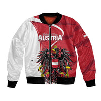 Red and white bomber jacket with full zip and black ribbed collar, eagle emblem on front
