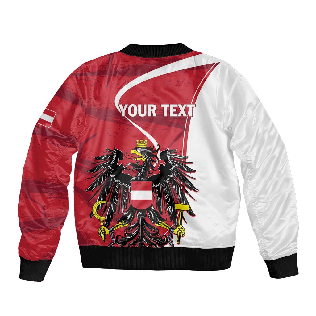 Red and white bomber jacket with black ribbed hem and cuffs, eagle crest and 'YOUR TEXT' back