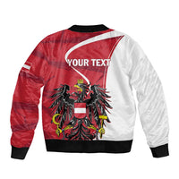 Red and white bomber jacket with black ribbed hem and cuffs, eagle crest and 'YOUR TEXT' back