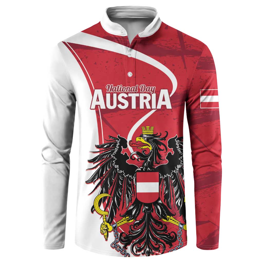 Personalized button sweatshirt with red-and-white “National Day Austria” eagle crest on front