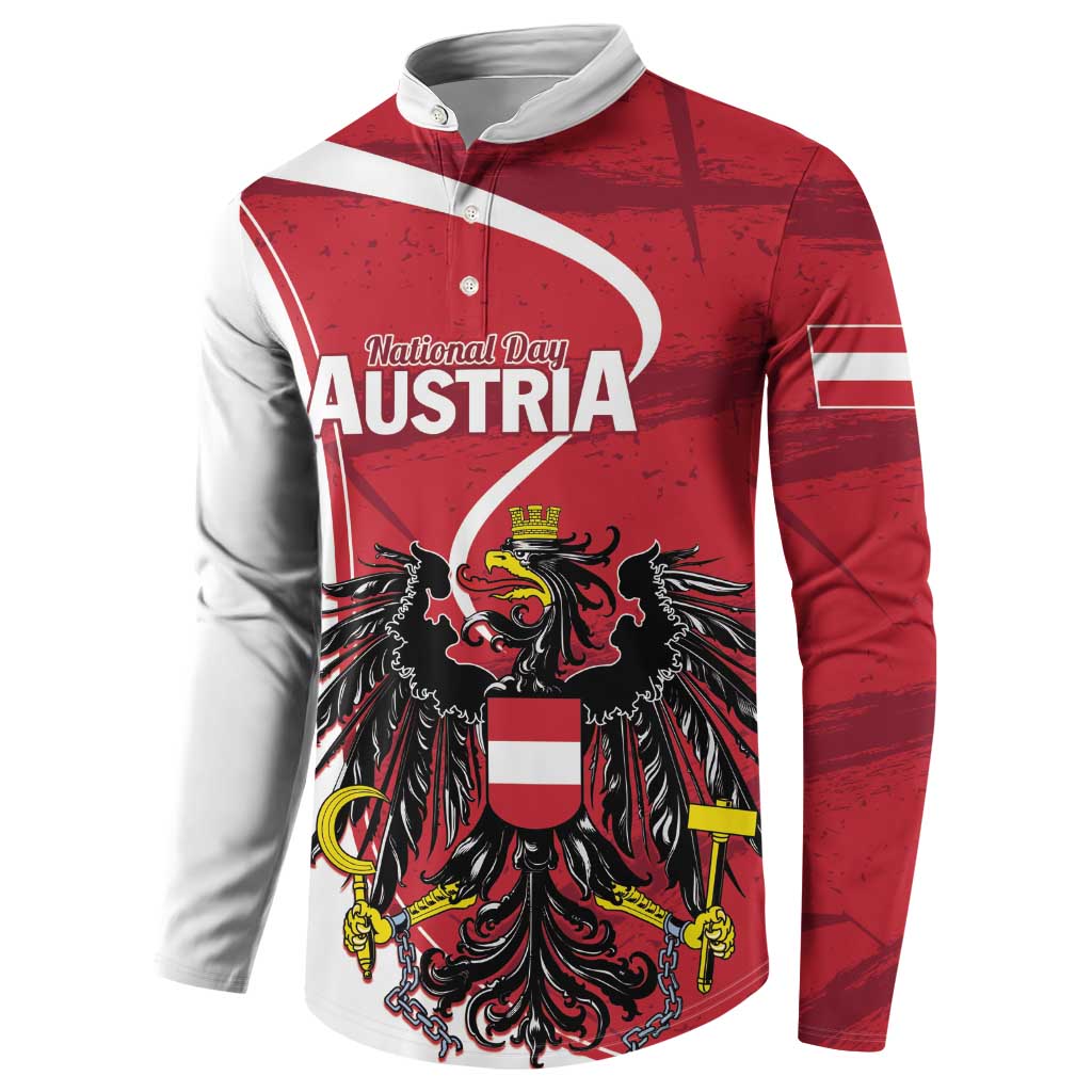 Personalized button sweatshirt with red “National Day Austria” text and eagle crest chest print