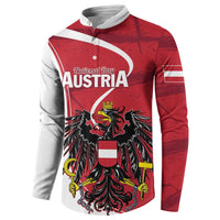 Personalized button sweatshirt with red “National Day Austria” text and eagle crest chest print