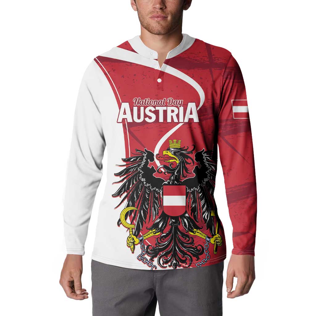Personalized button sweatshirt worn by model, red “National Day Austria” eagle crest front
