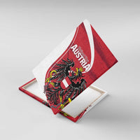 Red canvas wall art with Austria eagle crest and white arch stripe, angled view