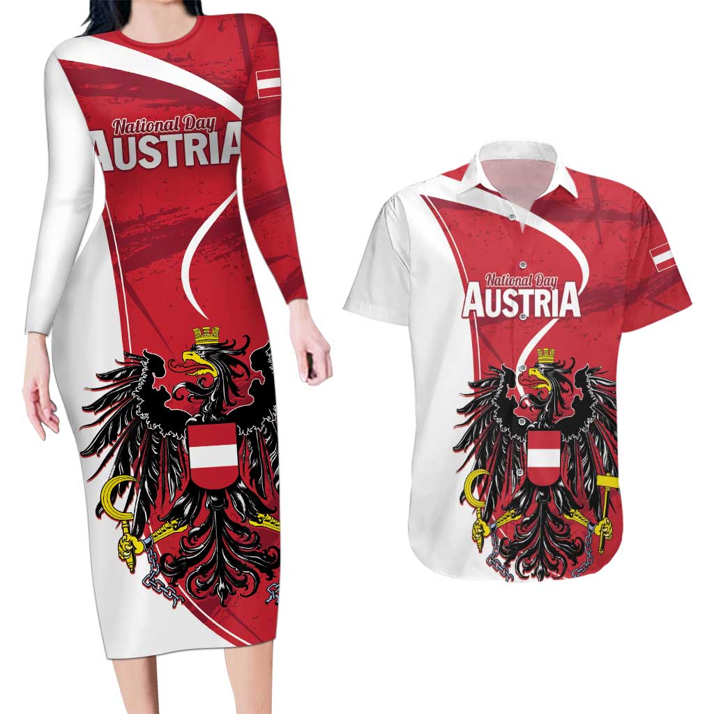 Personalized Austria National Day Couples Matching Long Sleeve Bodycon Dress and Hawaiian Shirt Republik Osterreich Black Eagle - Wonder Print Shop