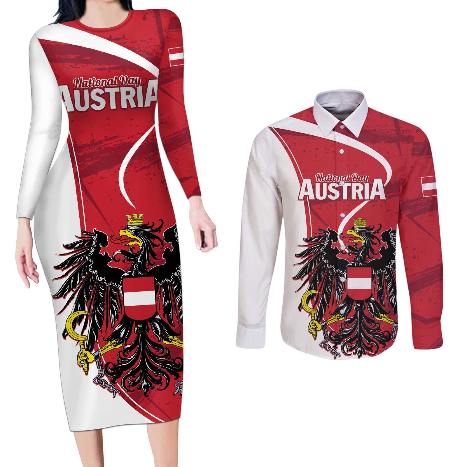 Personalized Austria National Day Couples Matching Long Sleeve Bodycon Dress and Long Sleeve Button Shirt Republik Osterreich Black Eagle - Wonder Print Shop