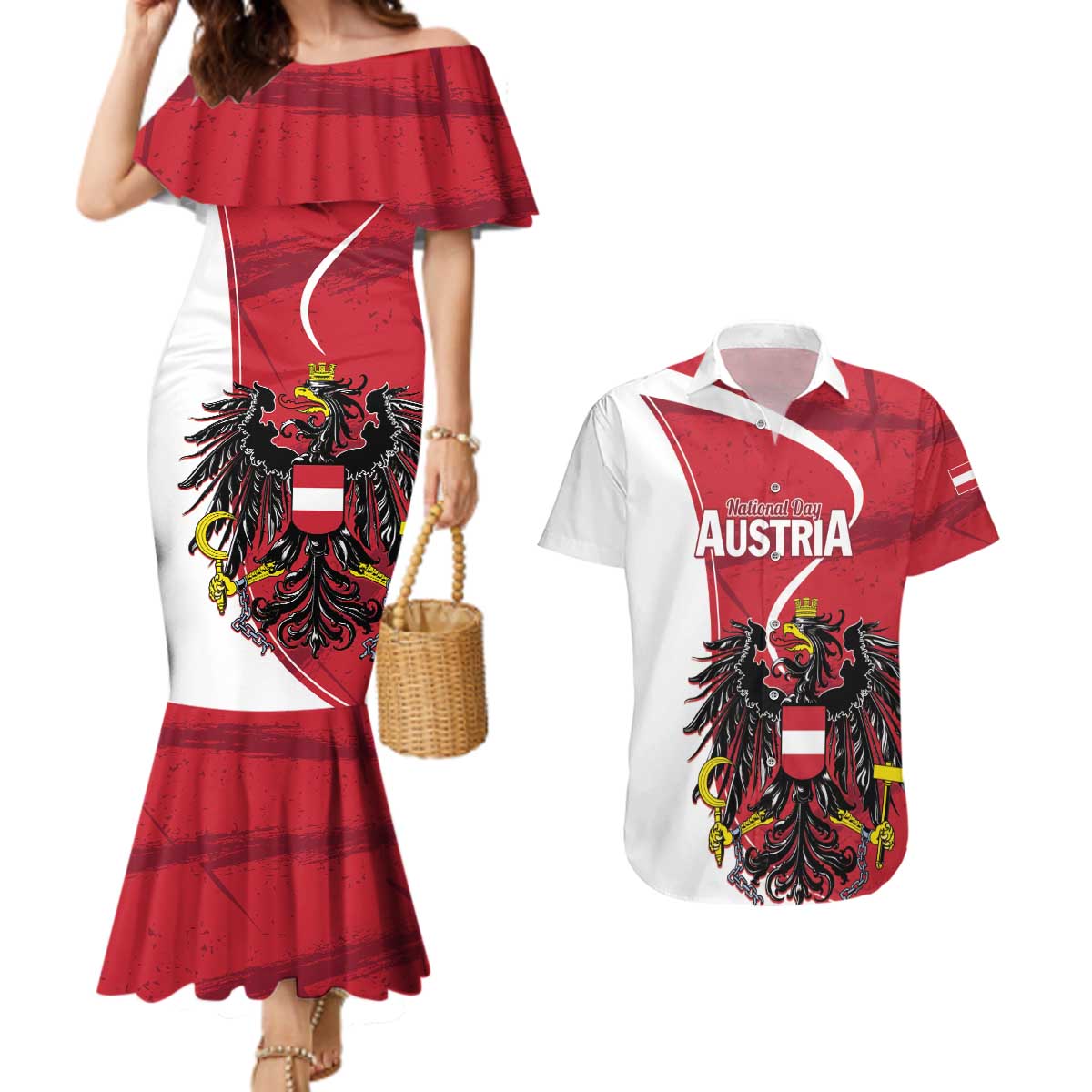 Personalized Austria National Day Couples Matching Mermaid Dress and Hawaiian Shirt Republik Osterreich Black Eagle - Wonder Print Shop