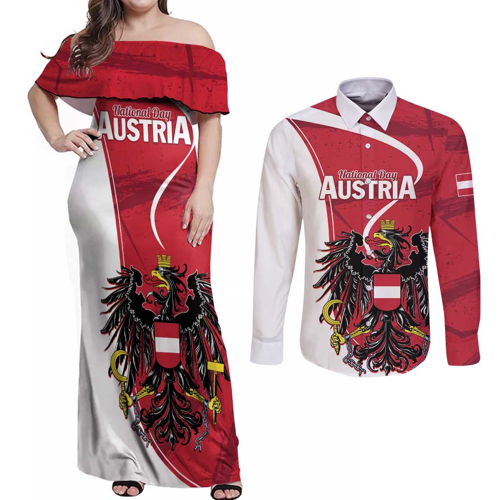 Personalized Austria National Day Couples Matching Off Shoulder Maxi Dress and Long Sleeve Button Shirt Republik Osterreich Black Eagle - Wonder Print Shop