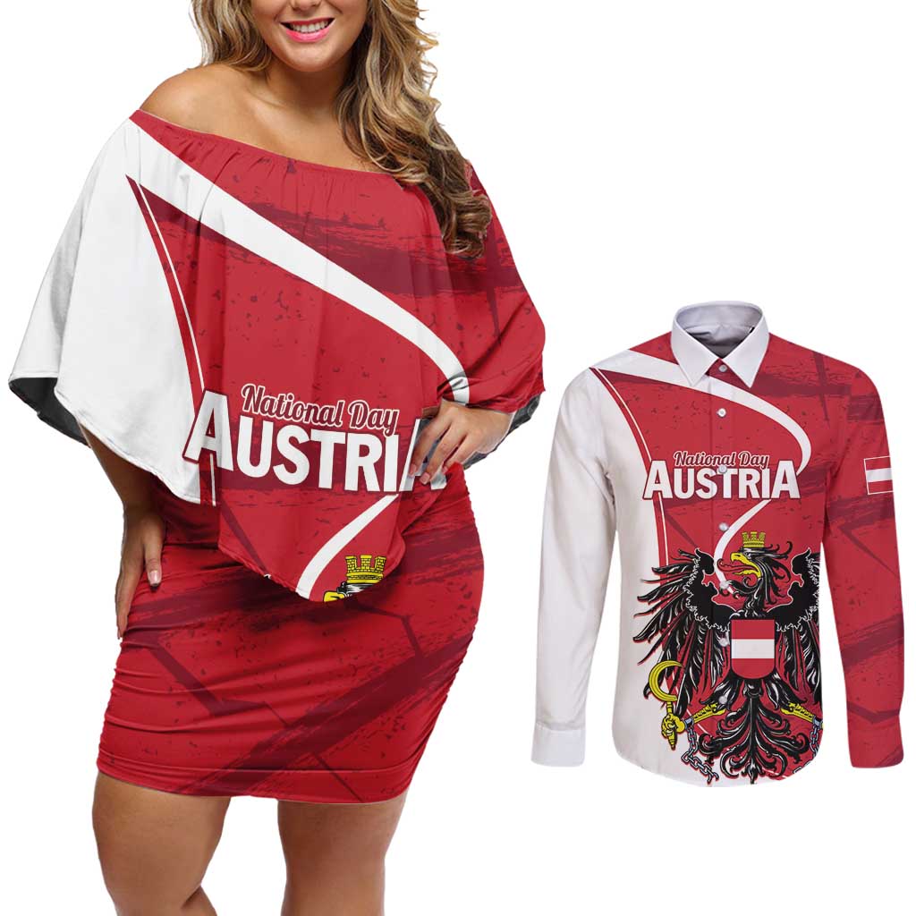 Personalized Austria National Day Couples Matching Off Shoulder Short Dress and Long Sleeve Button Shirt Republik Osterreich Black Eagle - Wonder Print Shop