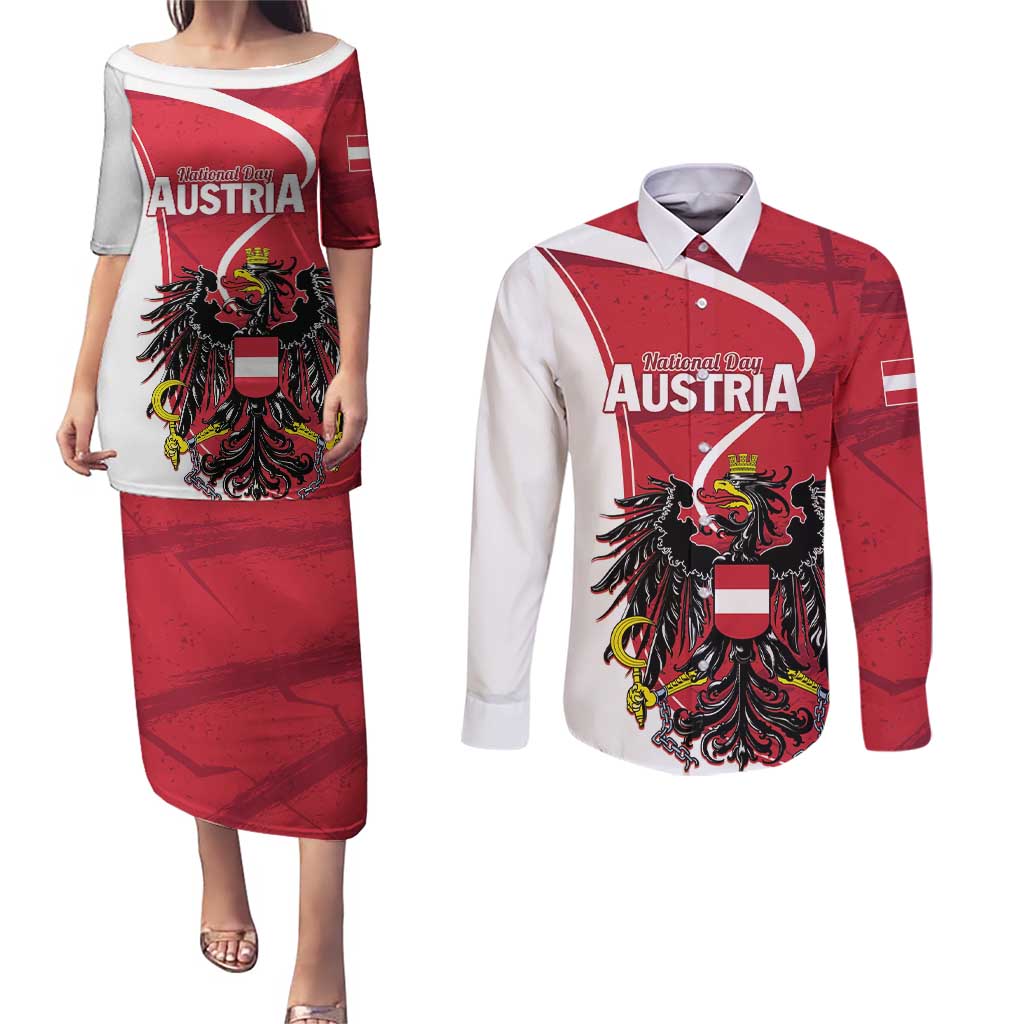 Personalized Austria National Day Couples Matching Puletasi and Long Sleeve Button Shirt Republik Osterreich Black Eagle - Wonder Print Shop