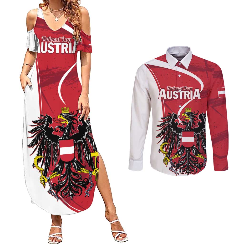 Personalized Austria National Day Couples Matching Summer Maxi Dress and Long Sleeve Button Shirt Republik Osterreich Black Eagle - Wonder Print Shop