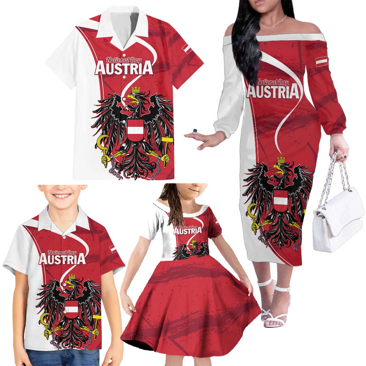 Personalized Austria National Day Family Matching Off The Shoulder Long Sleeve Dress and Hawaiian Shirt Republik Osterreich Black Eagle - Wonder Print Shop