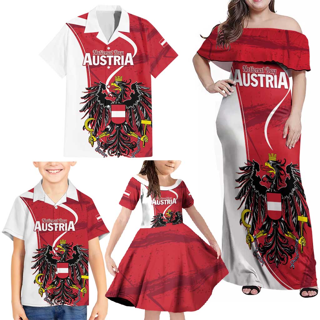 Personalized Austria National Day Family Matching Off Shoulder Maxi Dress and Hawaiian Shirt Republik Osterreich Black Eagle - Wonder Print Shop