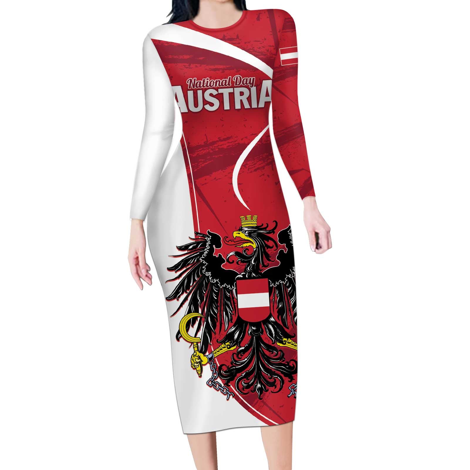 Personalized Austria National Day Long Sleeve Bodycon Dress Republik Osterreich Black Eagle - Wonder Print Shop