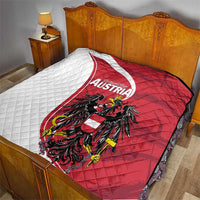 Austria national day quilt on bed, red-and-white diagonal flag design with black eagle