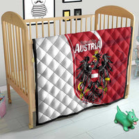 Austria national day quilt on crib, red-and-white quilted diagonal stripe with black eagle