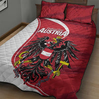 Red and white quilt bed set featuring black eagle artwork with Austria text on bed