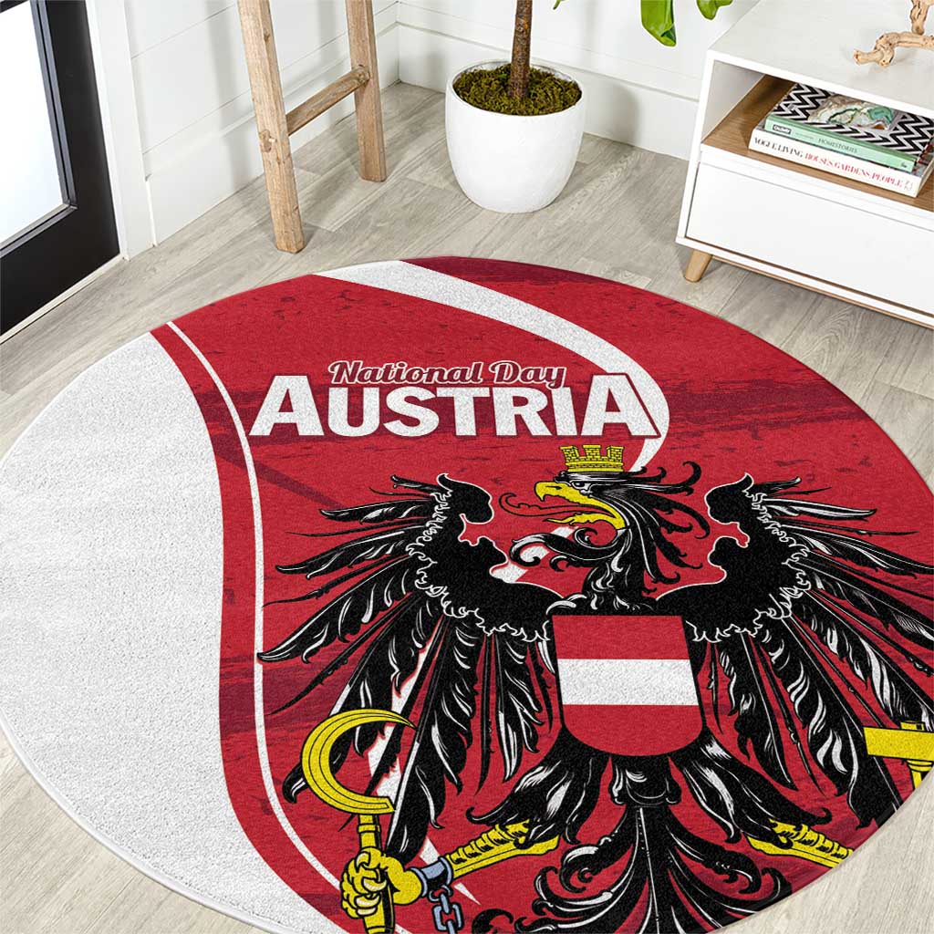 Round red carpet rug with Austria National Day text and black eagle crest