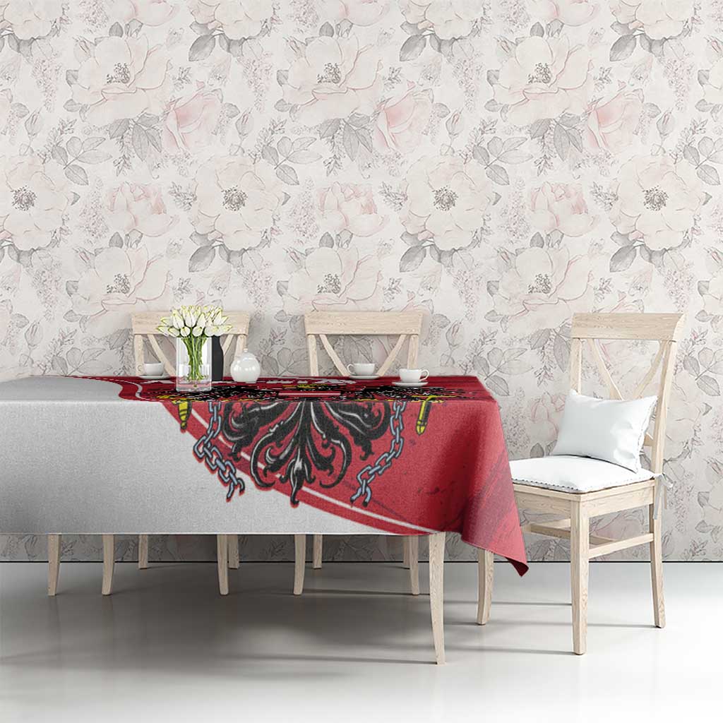 Red Austria National Day tablecloth with black eagle crest across table