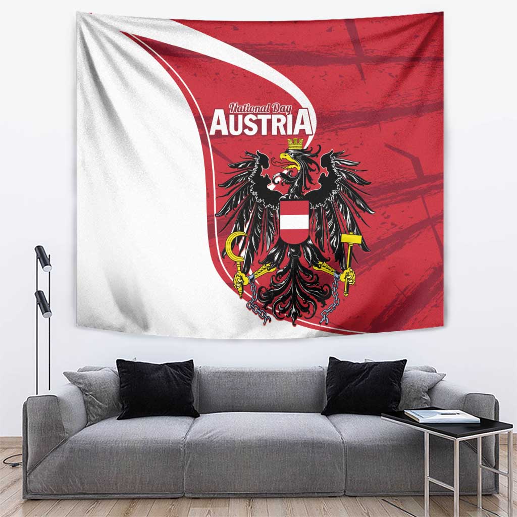 Austria national day tapestry with red, white, and black eagle crest emblem
