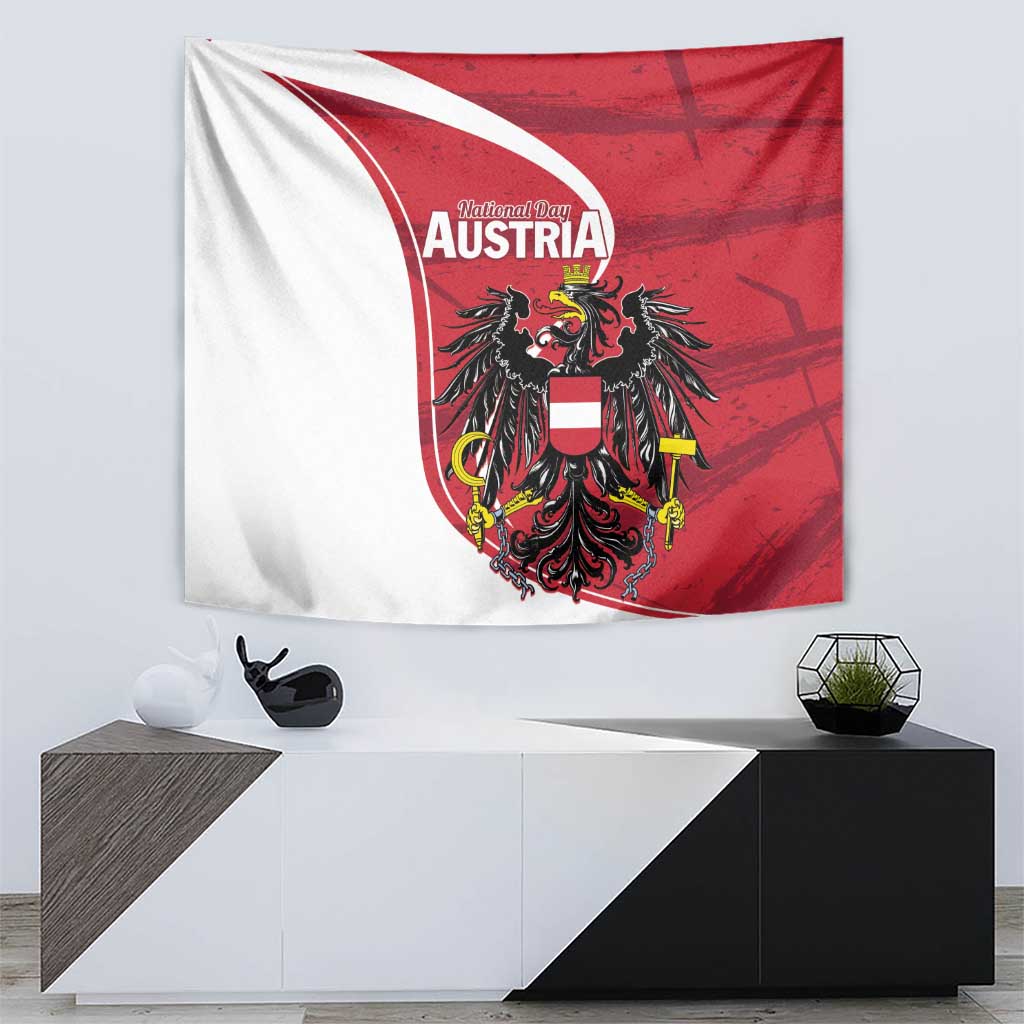 Austria national day tapestry featuring National Day Austria text and black eagle crest on red