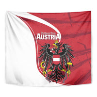 Austria national day tapestry close-up with black eagle crest and red-and-white diagonal stripe