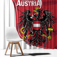 Austria national day curtain featuring large black eagle and red crest on red background