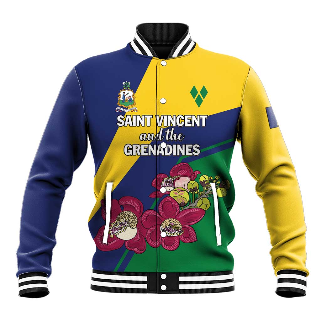 Colorful baseball jacket in yellow, blue, and green panels; front crest and striped ribbed trim