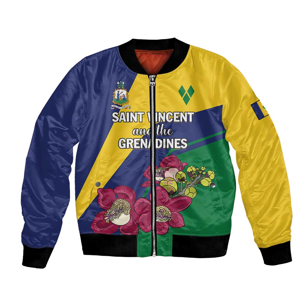 Unisex colorful bomber jacket with front zip, blue yellow green panels, floral graphic