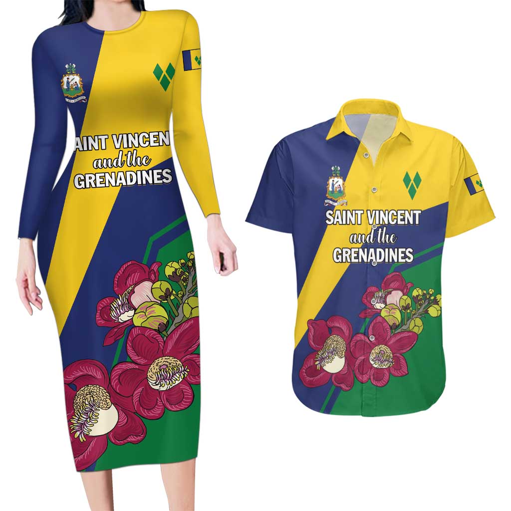 Personalized Saint Vincent and the Grenadines Couples Matching Long Sleeve Bodycon Dress and Hawaiian Shirt Pax et Justitia Cannonball Flower - Wonder Print Shop