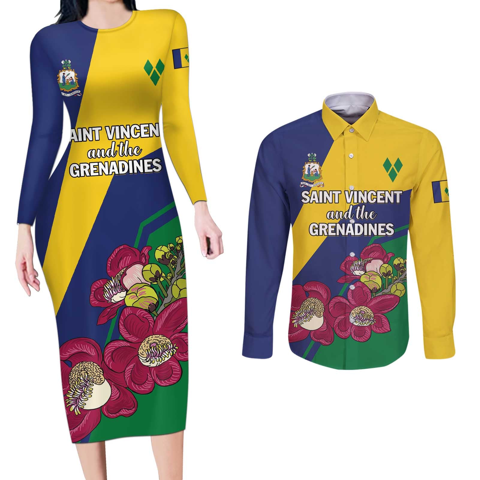 Personalized Saint Vincent and the Grenadines Couples Matching Long Sleeve Bodycon Dress and Long Sleeve Button Shirt Pax et Justitia Cannonball Flower - Wonder Print Shop