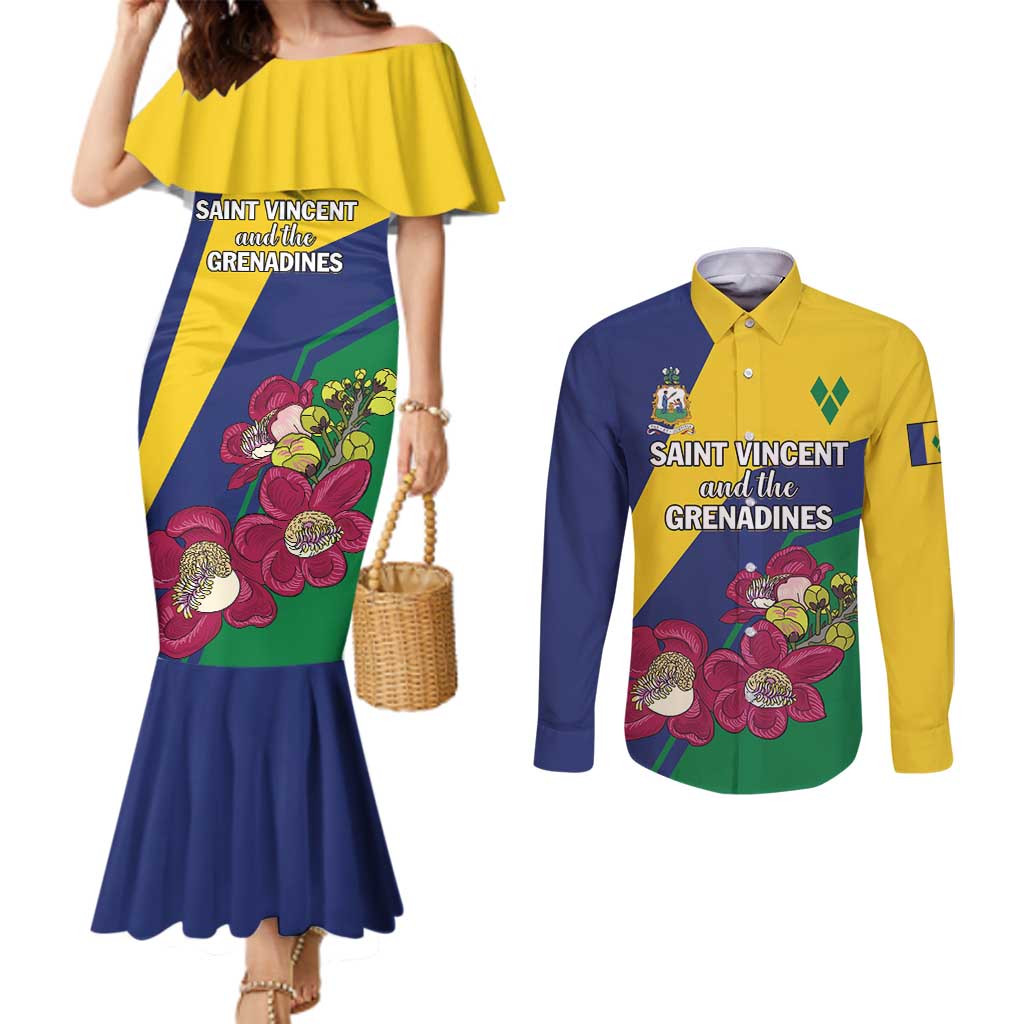 Personalized Saint Vincent and the Grenadines Couples Matching Mermaid Dress and Long Sleeve Button Shirt Pax et Justitia Cannonball Flower