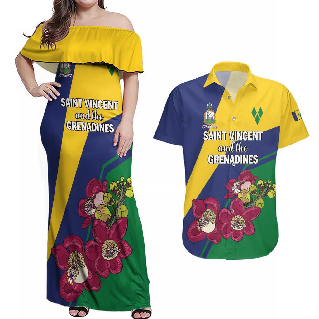 Personalized Saint Vincent and the Grenadines Couples Matching Off Shoulder Maxi Dress and Hawaiian Shirt Pax et Justitia Cannonball Flower - Wonder Print Shop