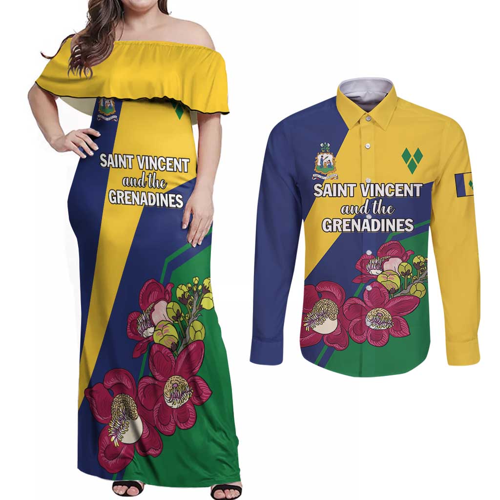 Personalized Saint Vincent and the Grenadines Couples Matching Off Shoulder Maxi Dress and Long Sleeve Button Shirt Pax et Justitia Cannonball Flower - Wonder Print Shop