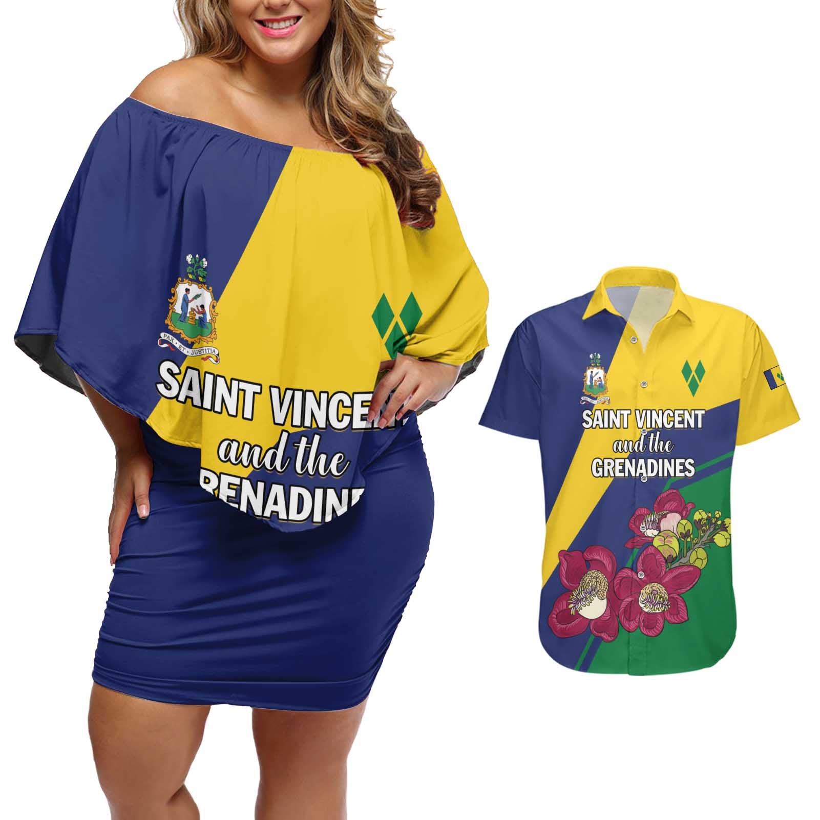 Personalized Saint Vincent and the Grenadines Couples Matching Off Shoulder Short Dress and Hawaiian Shirt Pax et Justitia Cannonball Flower - Wonder Print Shop