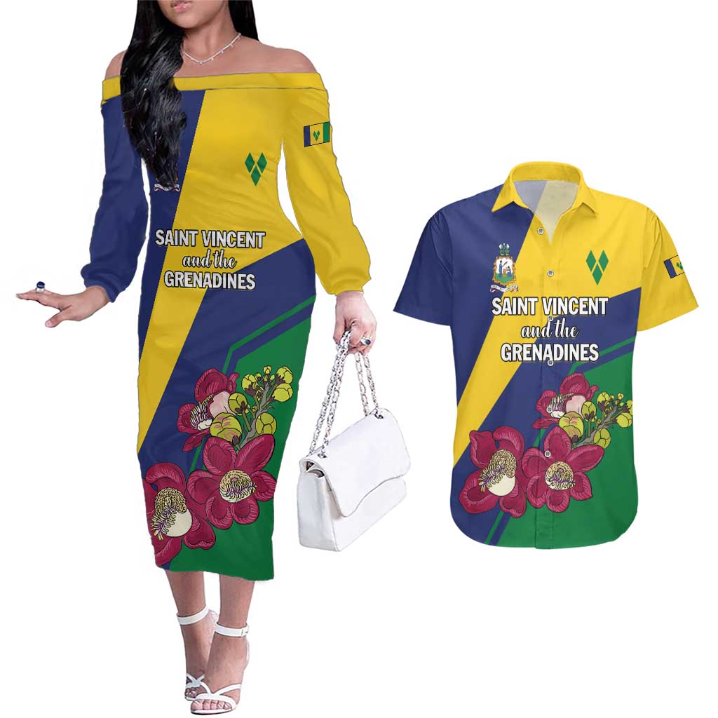 Personalized Saint Vincent and the Grenadines Couples Matching Off The Shoulder Long Sleeve Dress and Hawaiian Shirt Pax et Justitia Cannonball Flower - Wonder Print Shop