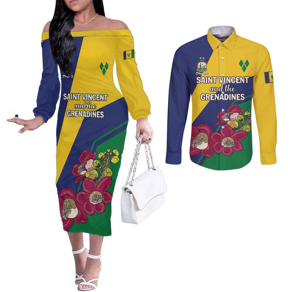 Personalized Saint Vincent and the Grenadines Couples Matching Off The Shoulder Long Sleeve Dress and Long Sleeve Button Shirt Pax et Justitia Cannonball Flower