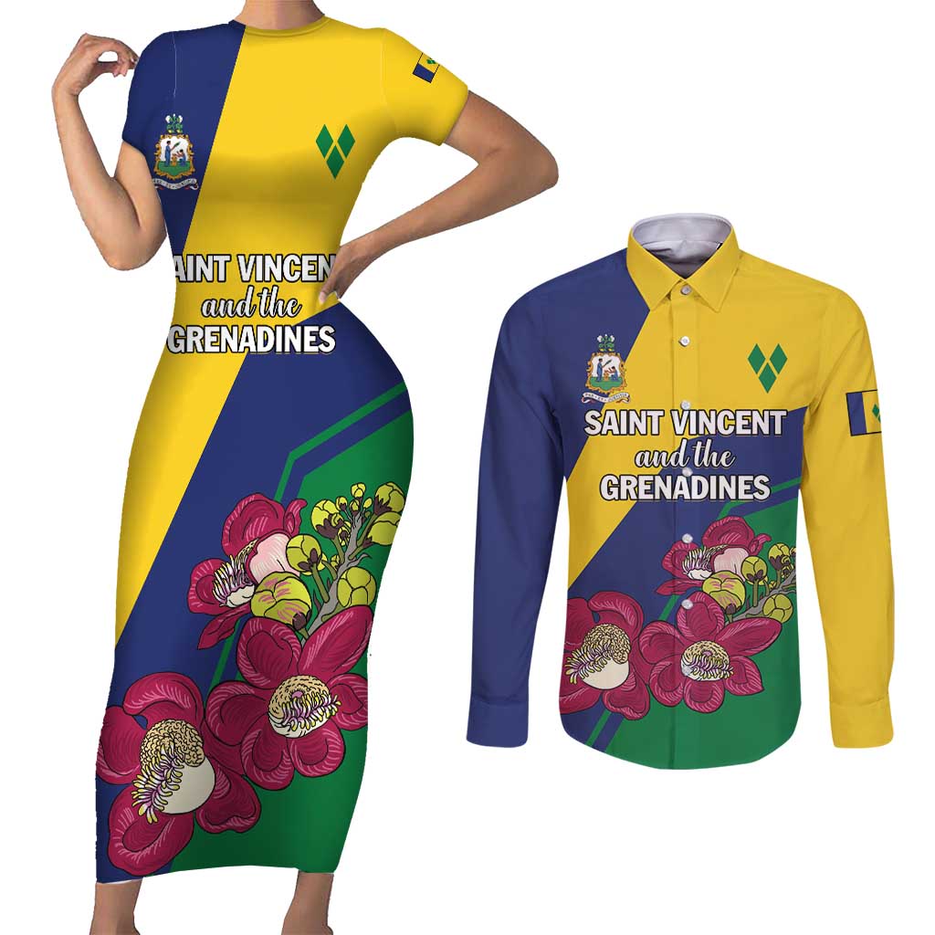 Personalized Saint Vincent and the Grenadines Couples Matching Short Sleeve Bodycon Dress and Long Sleeve Button Shirt Pax et Justitia Cannonball Flower - Wonder Print Shop